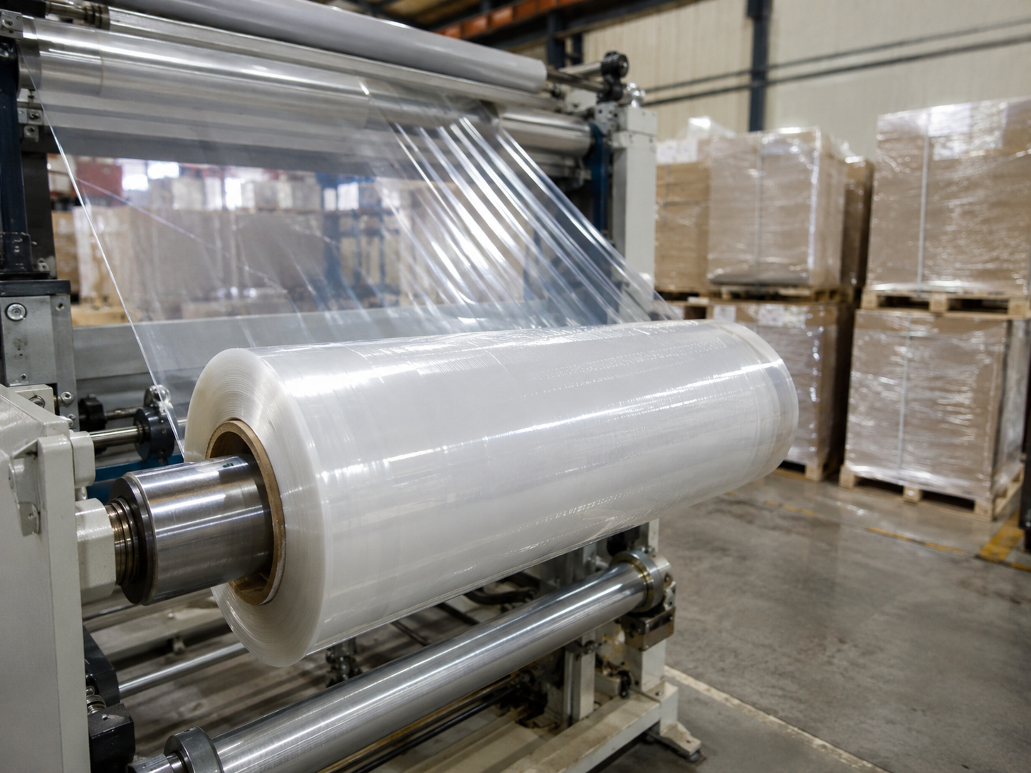 Stretch film roll detail and pallet wrapping film production